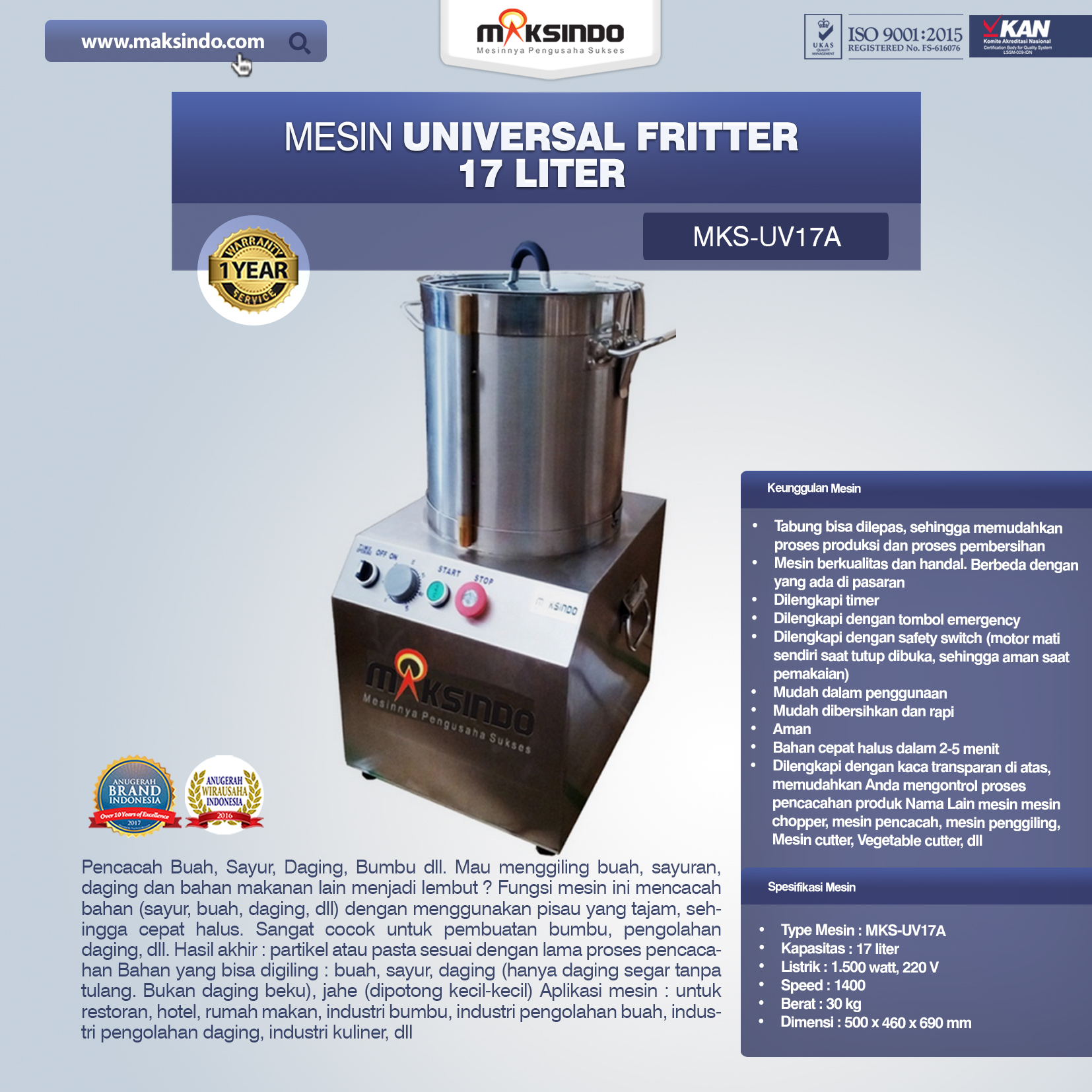 Jual Universal Fritter 17 Liter (MKS-UV17A) di Palembang