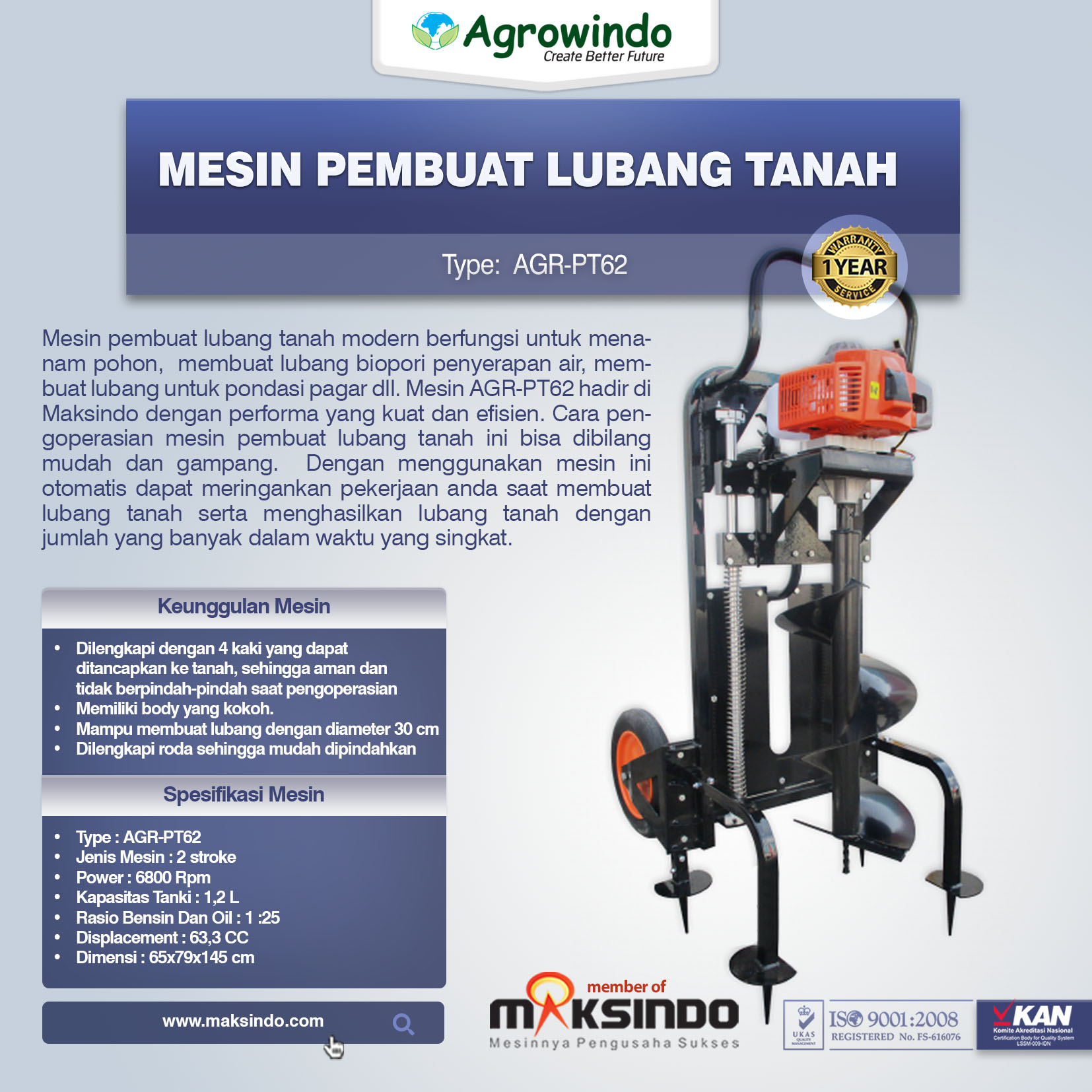 Jual Mesin Pembuat Lubang Tanah AGR-PT62 di Palembang