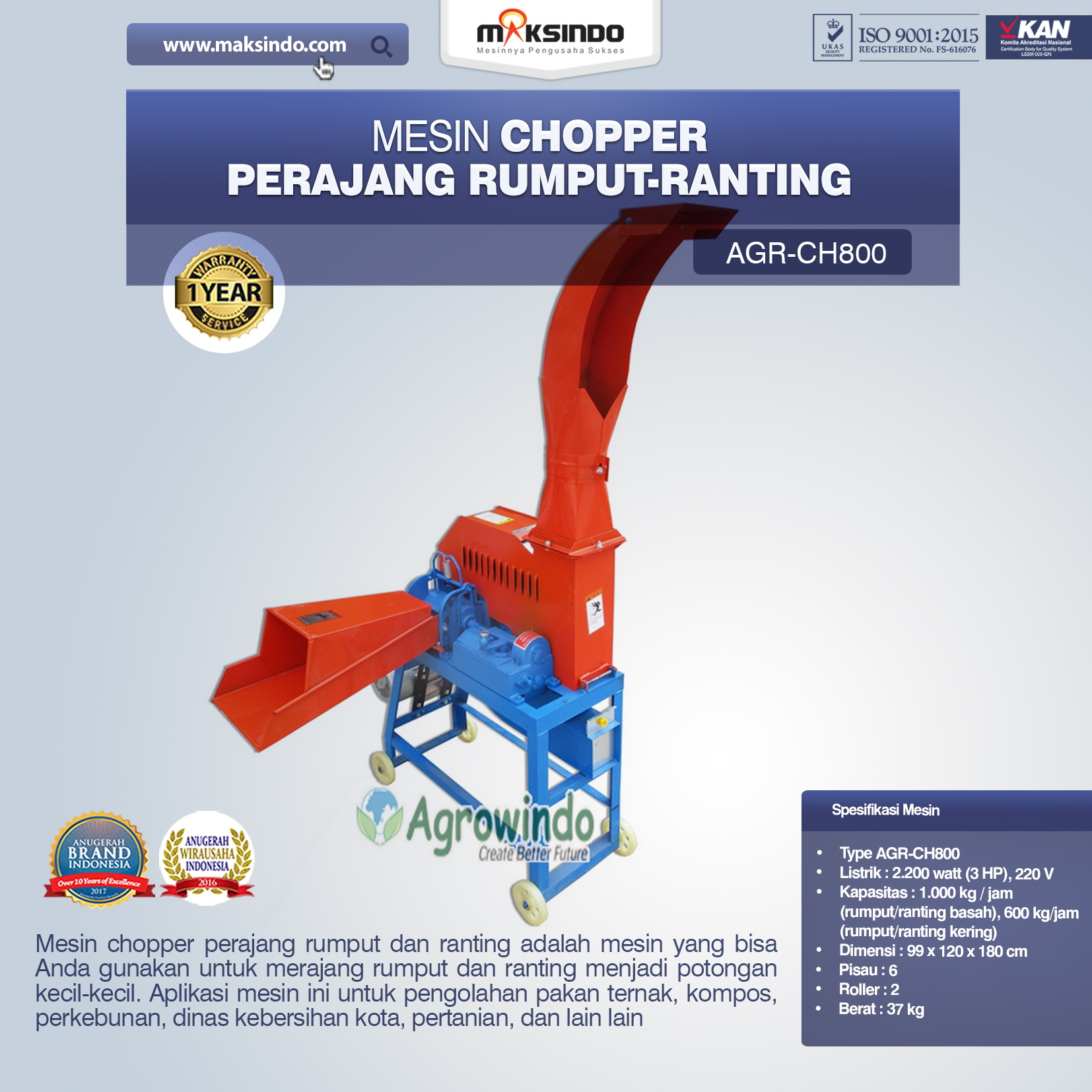 Jual Mesin Chopper Perajang Rumput-Ranting AGR-CH800 di Palembang