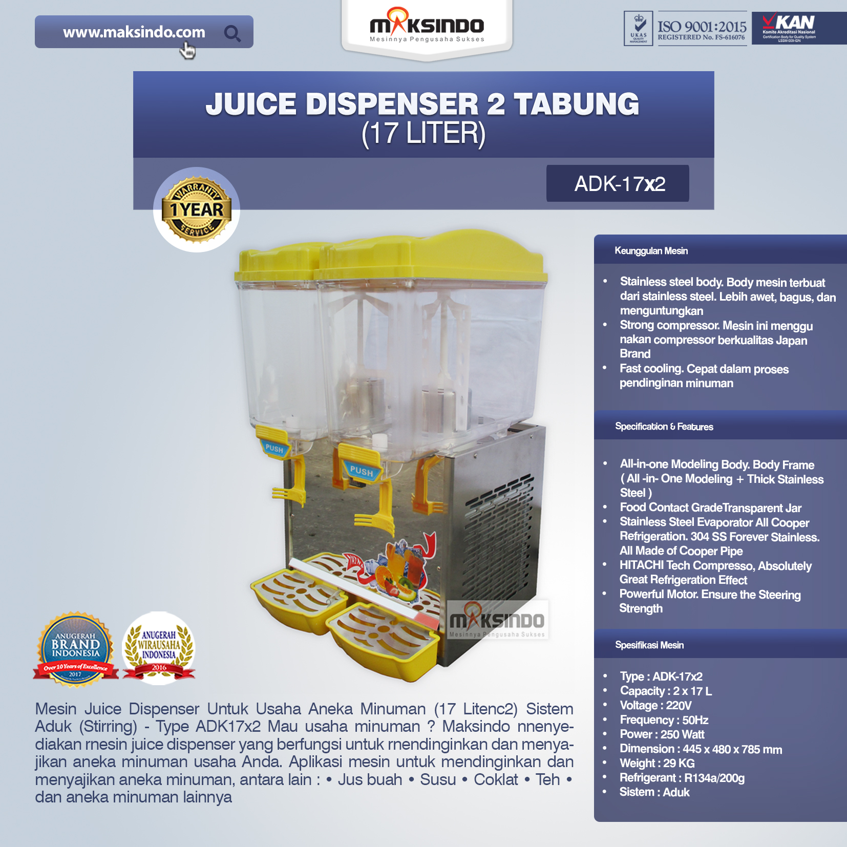Jual Juice Dispenser 2 Tabung (17 Liter) – ADK17x2 di Palembang