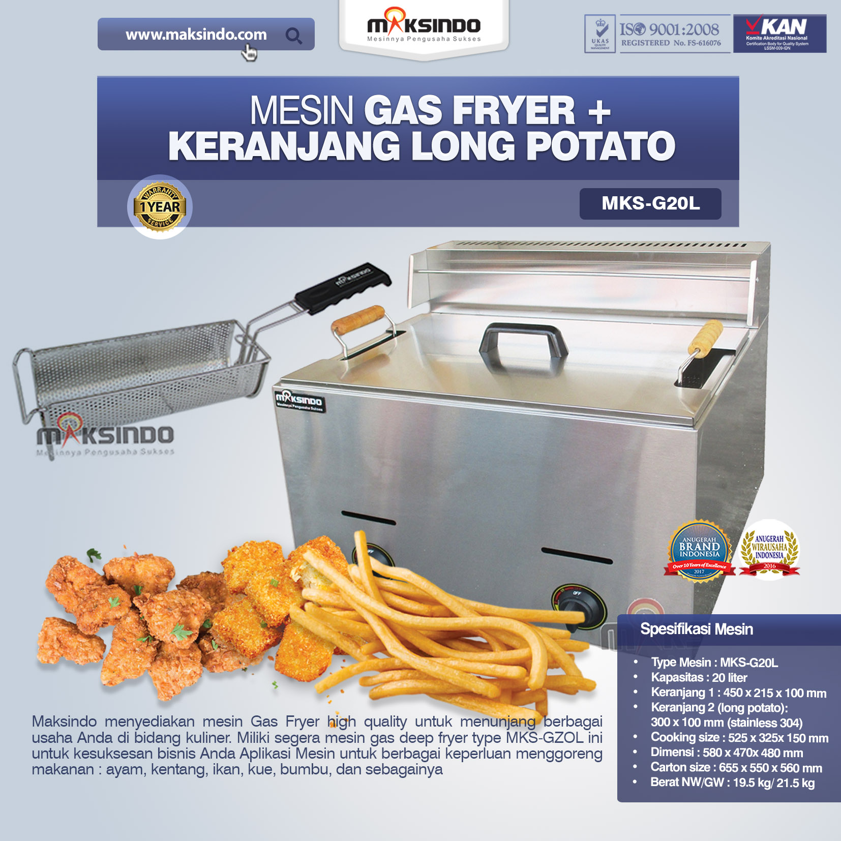 Jual Mesin Gas Fryer MKS-G20L + Keranjang di Palembang
