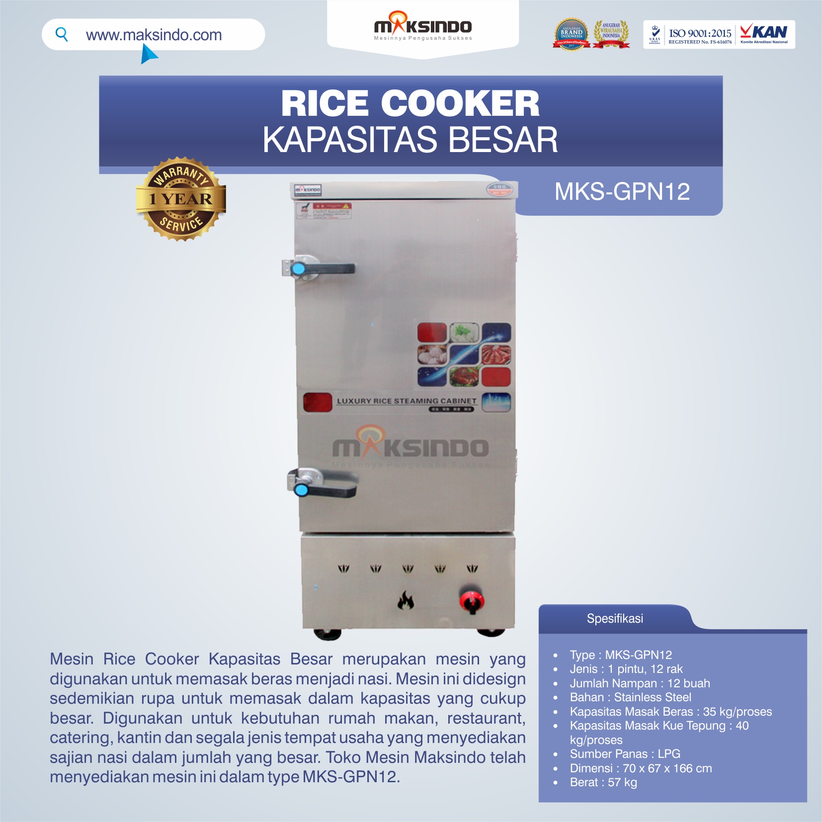 Jual Mesin Rice Cooker Kapasitas Besar MKS-GPN12 di Palembang