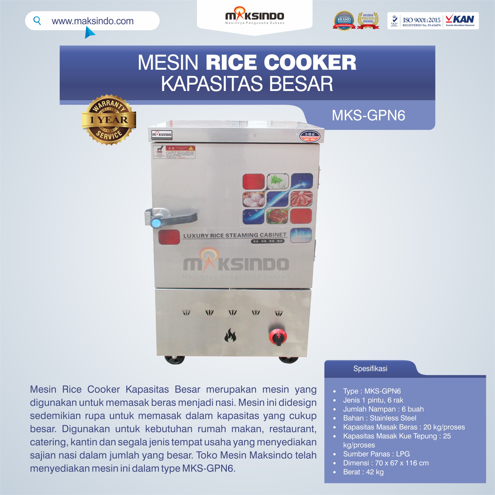 Jual Mesin Rice Cooker Kapasitas Besar MKS-GPN6 di Palembang