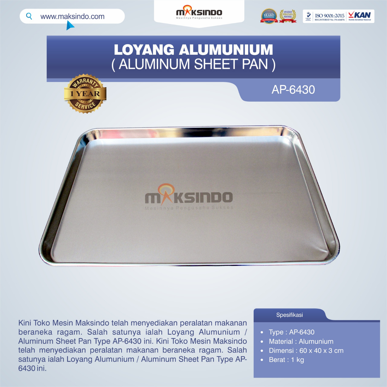 Jual Loyang Alumunium / Aluminum Sheet Pan Type AP-6430 di Palembang