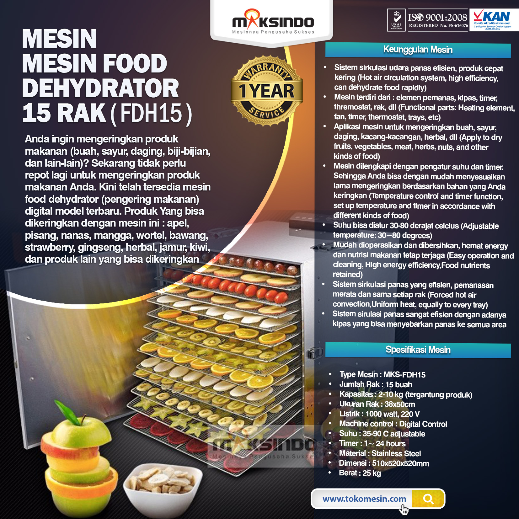 Jual Mesin Food Dehydrator 15 Rak (FDH15) di Palembang