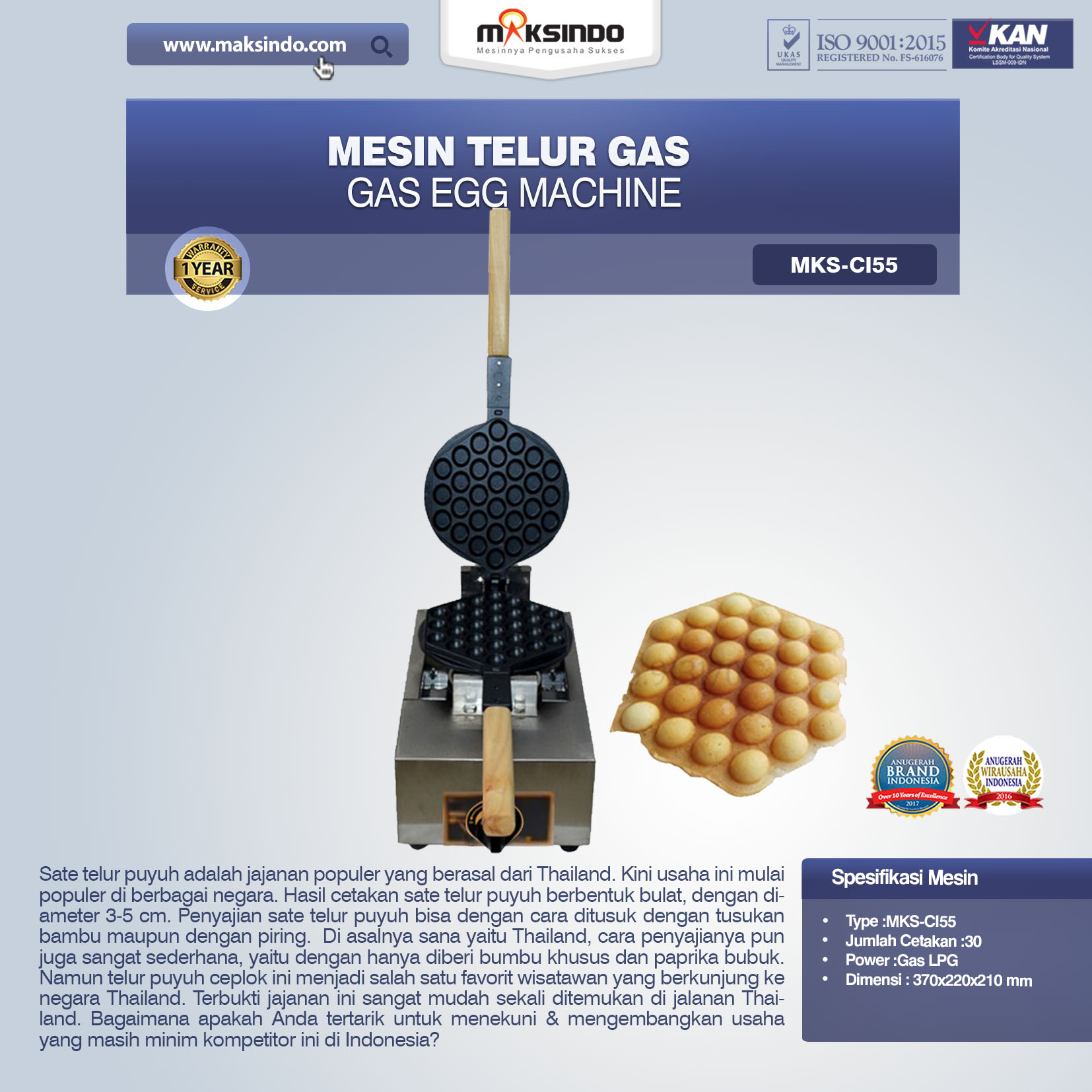 Jual Mesin Telur Gas (Gas Egg Machine) MKS-CI55 di Palembang