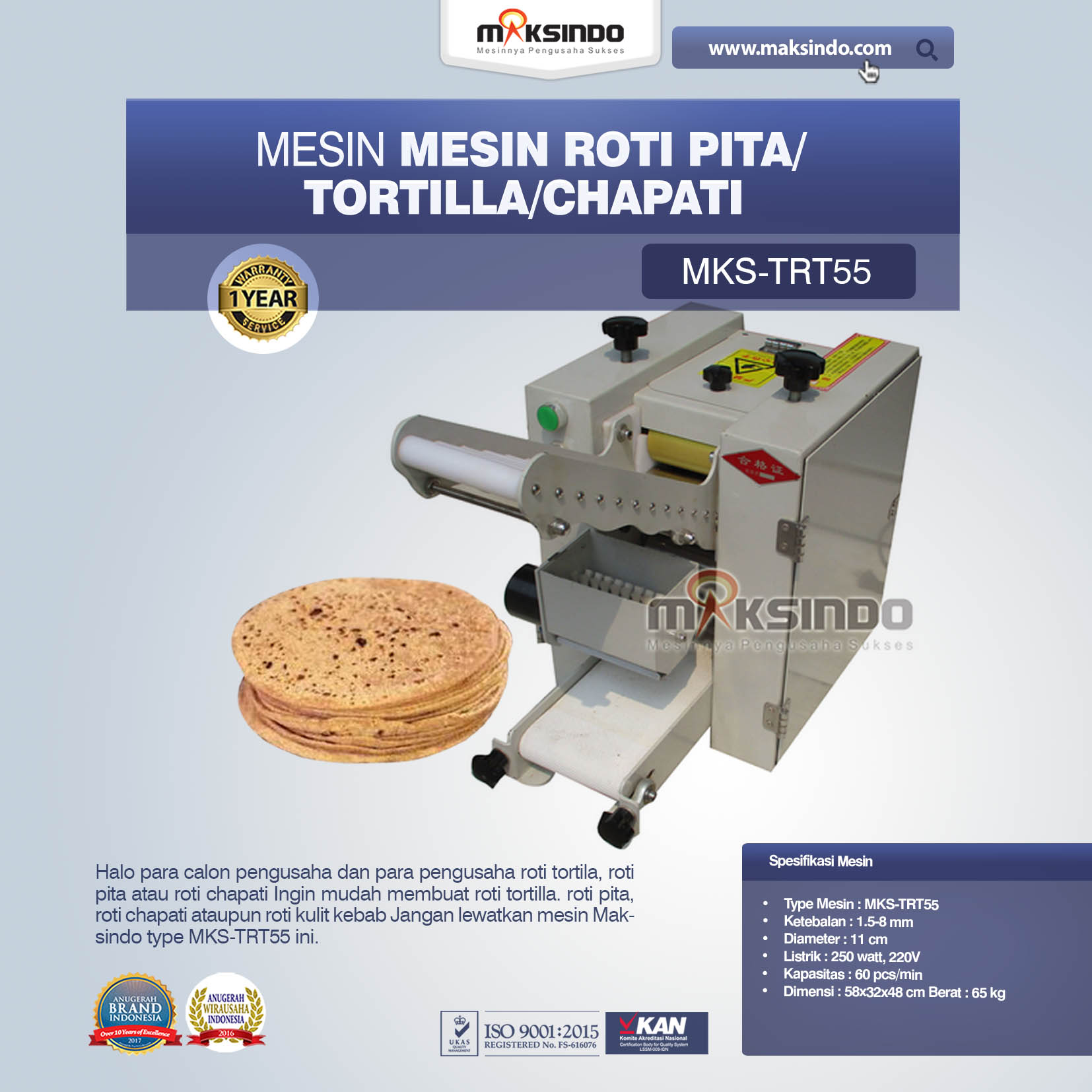 Jual Mesin Roti Pita/Tortilla/Chapati MKS-TRT55 Di Palembang