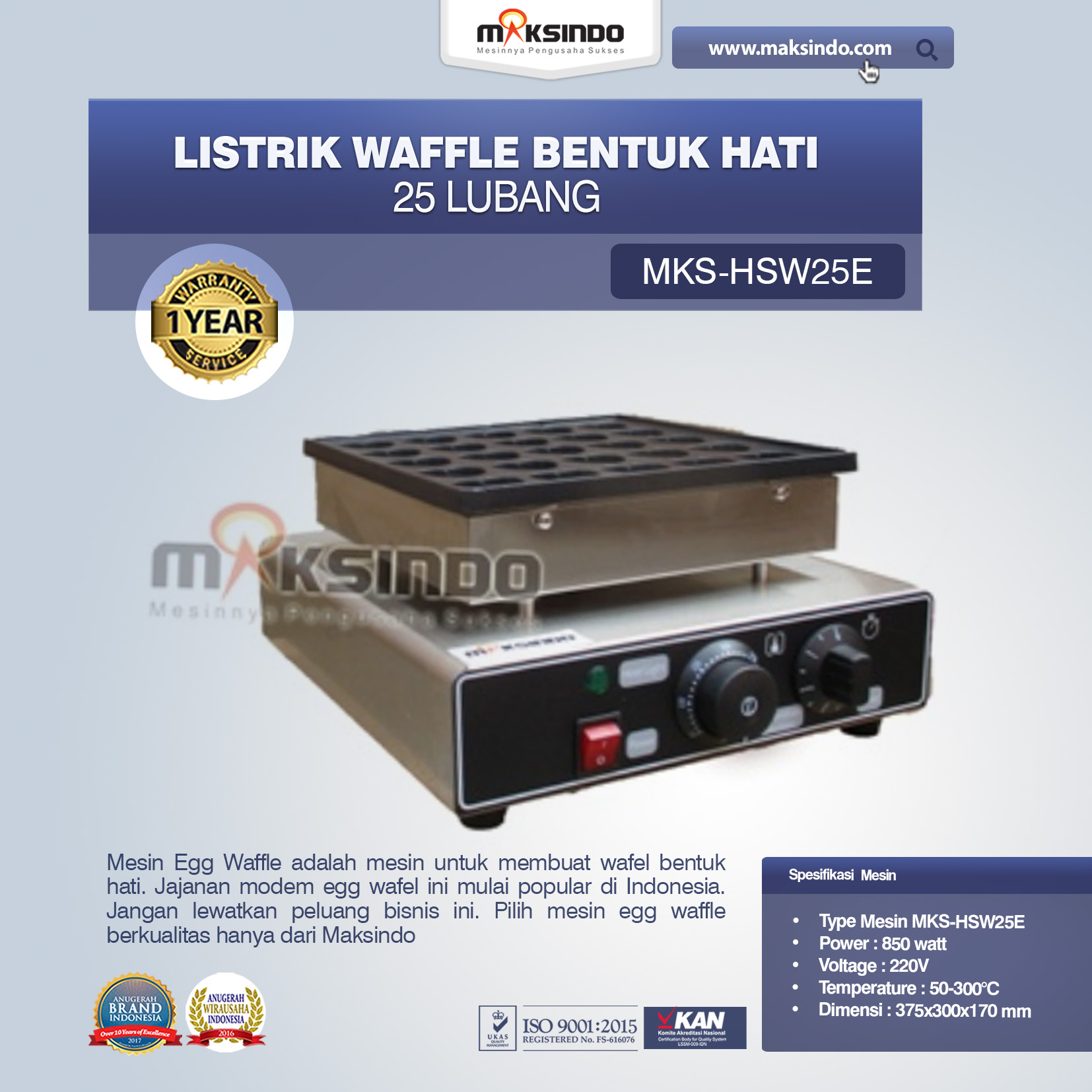 Jual Listrik Waffle Bentuk Hati 25 Lubang MKS-HSW25E di Palembang
