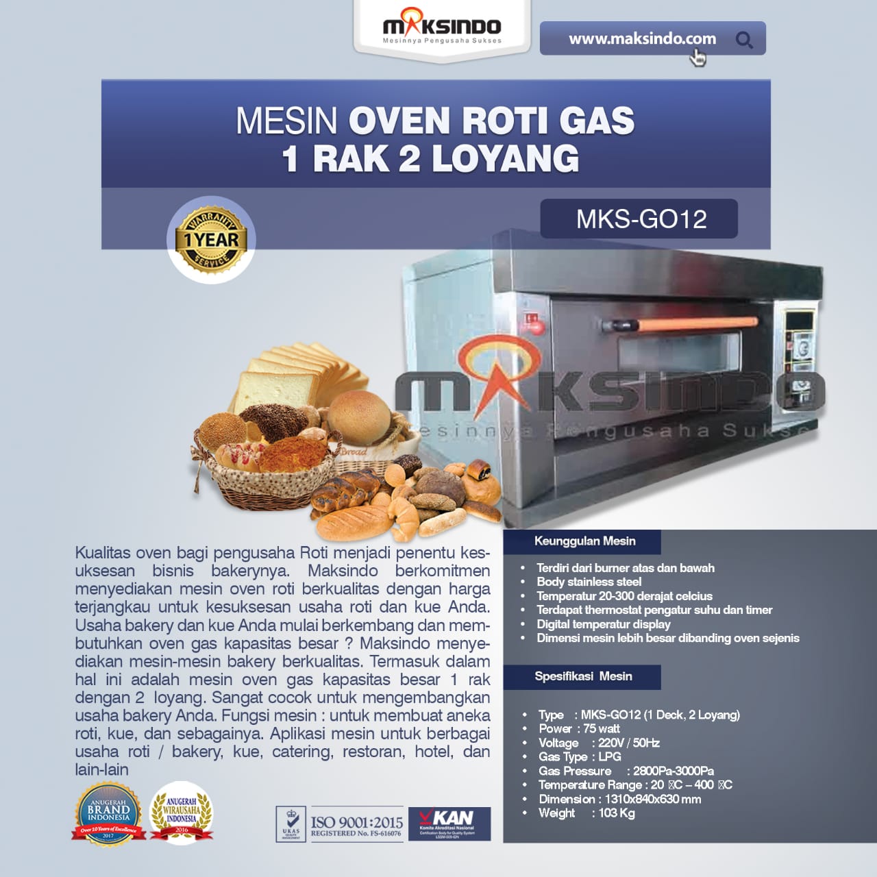 Jual Mesin Oven Gas 2 Loyang (MKS-GO12) di Palembang