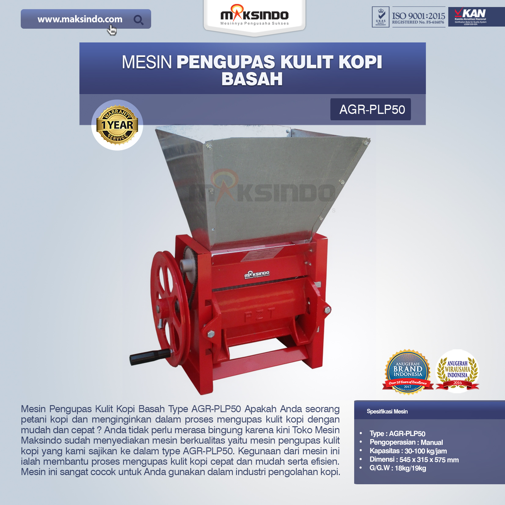 Jual Mesin Pengupas Kulit Kopi Basah Type AGR-PLP50 di Palembang