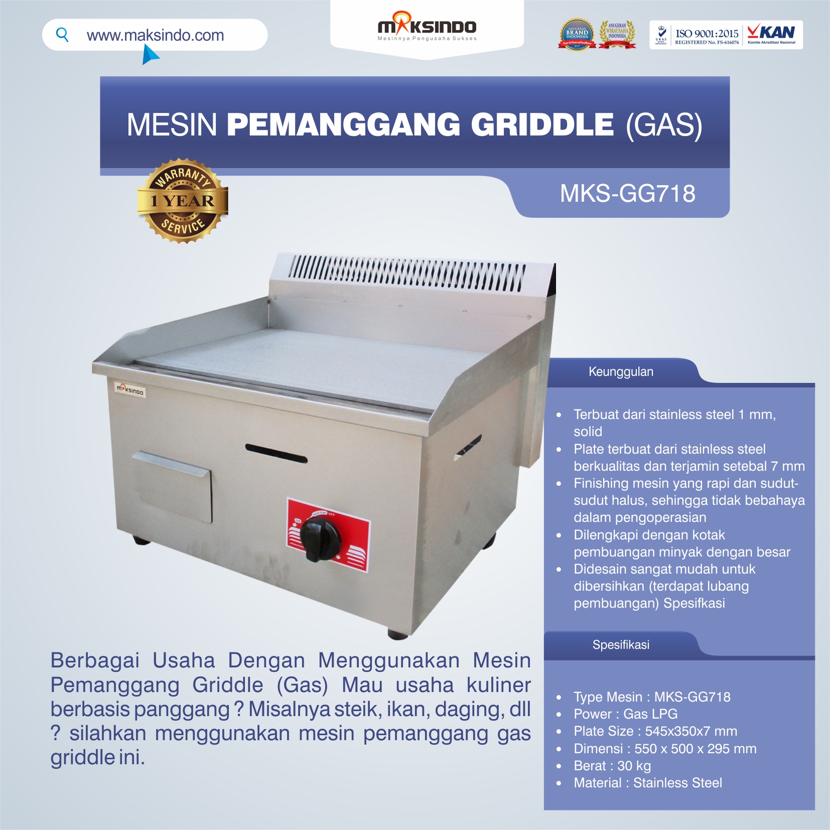 Jual Mesin Pemanggang Griddle (GAS) – GG718 di Palembang