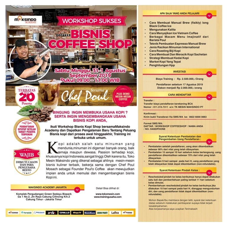 Workshop Sukses Bisnis Coffe Shop, 31 Agustus – 1 September 2019