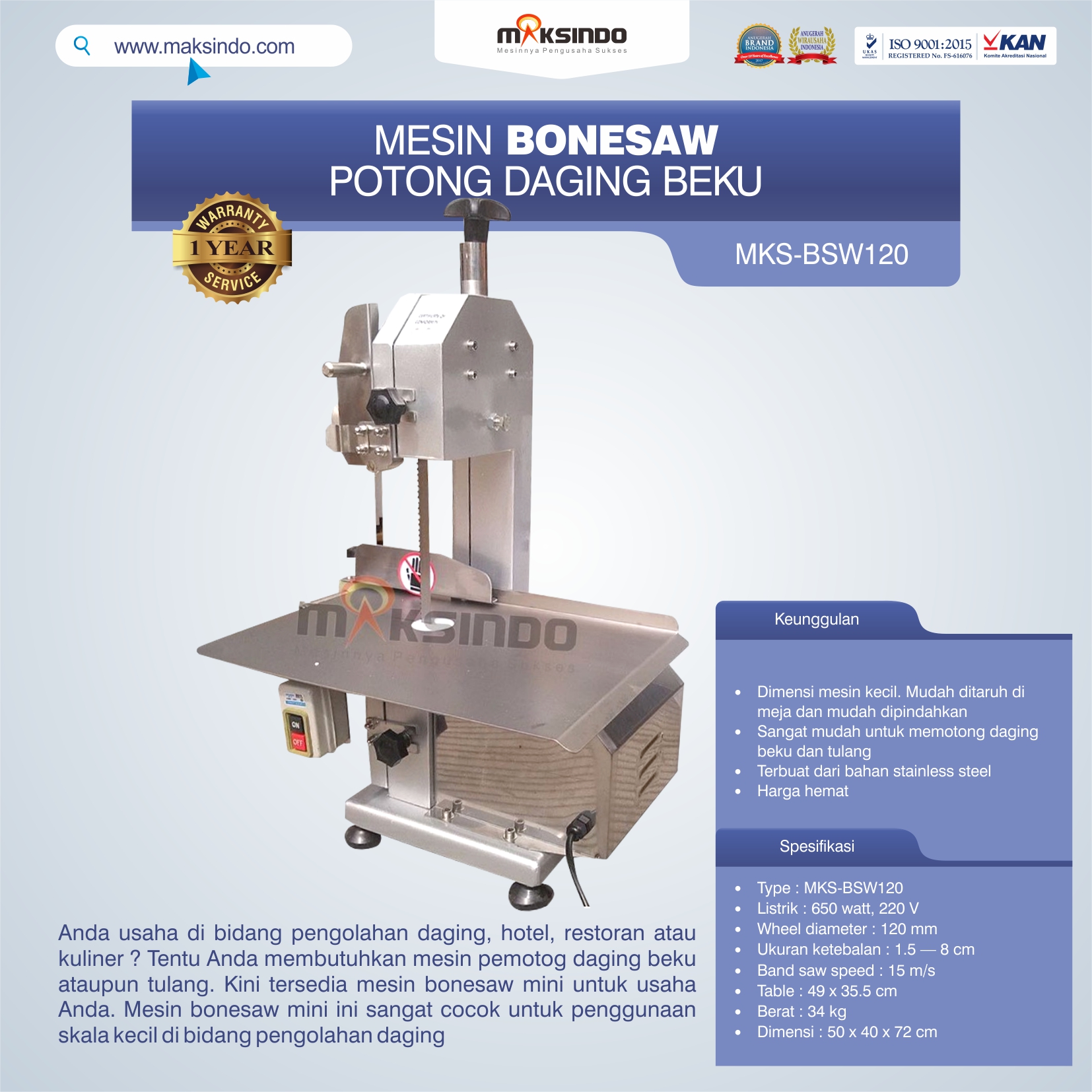 Jual Bonesaw Pemotong Daging Beku (MKS-BSW120) di Palembang
