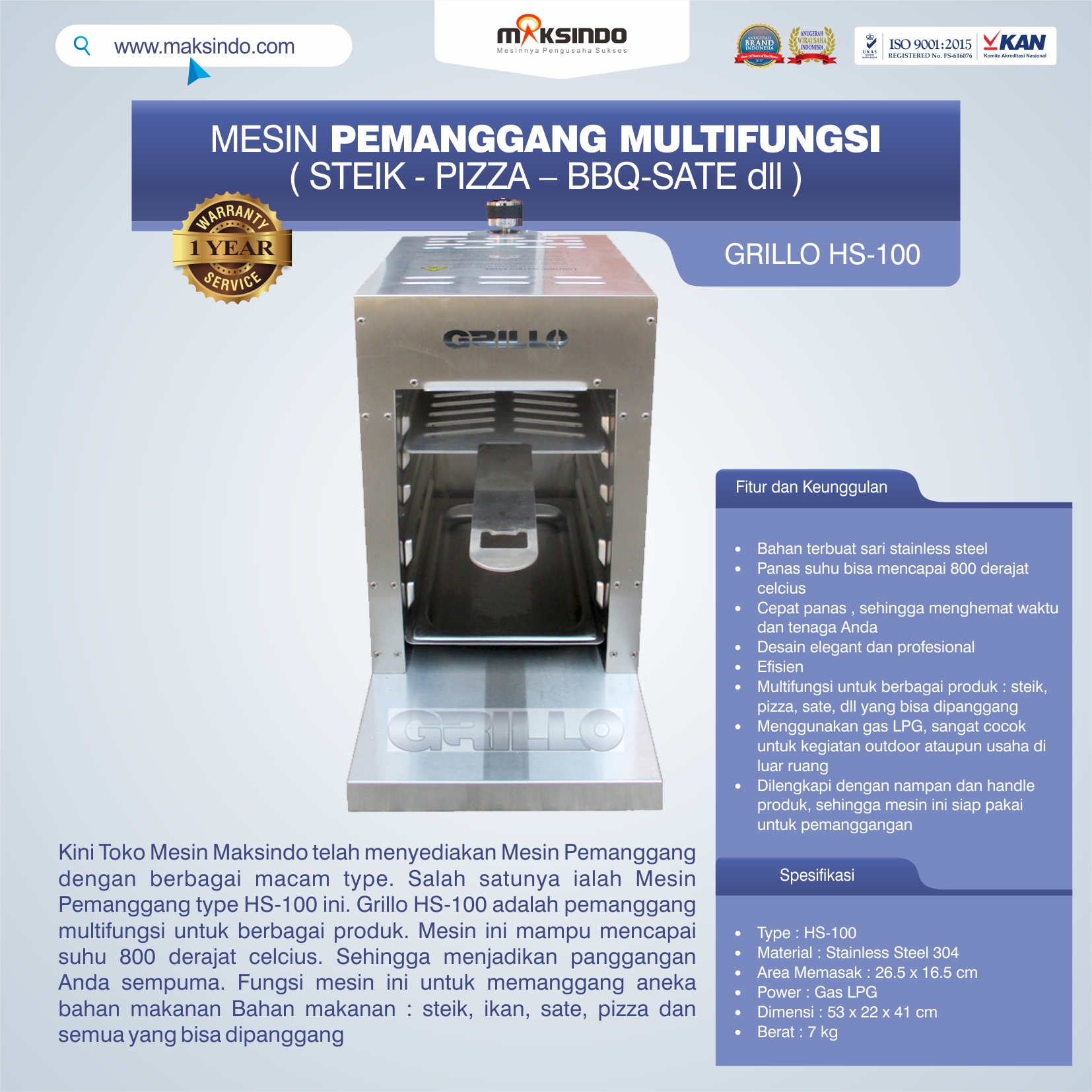 Jual Mesin Pemanggang Steik – Pizza (GRILLO  HS-100) di Palembang