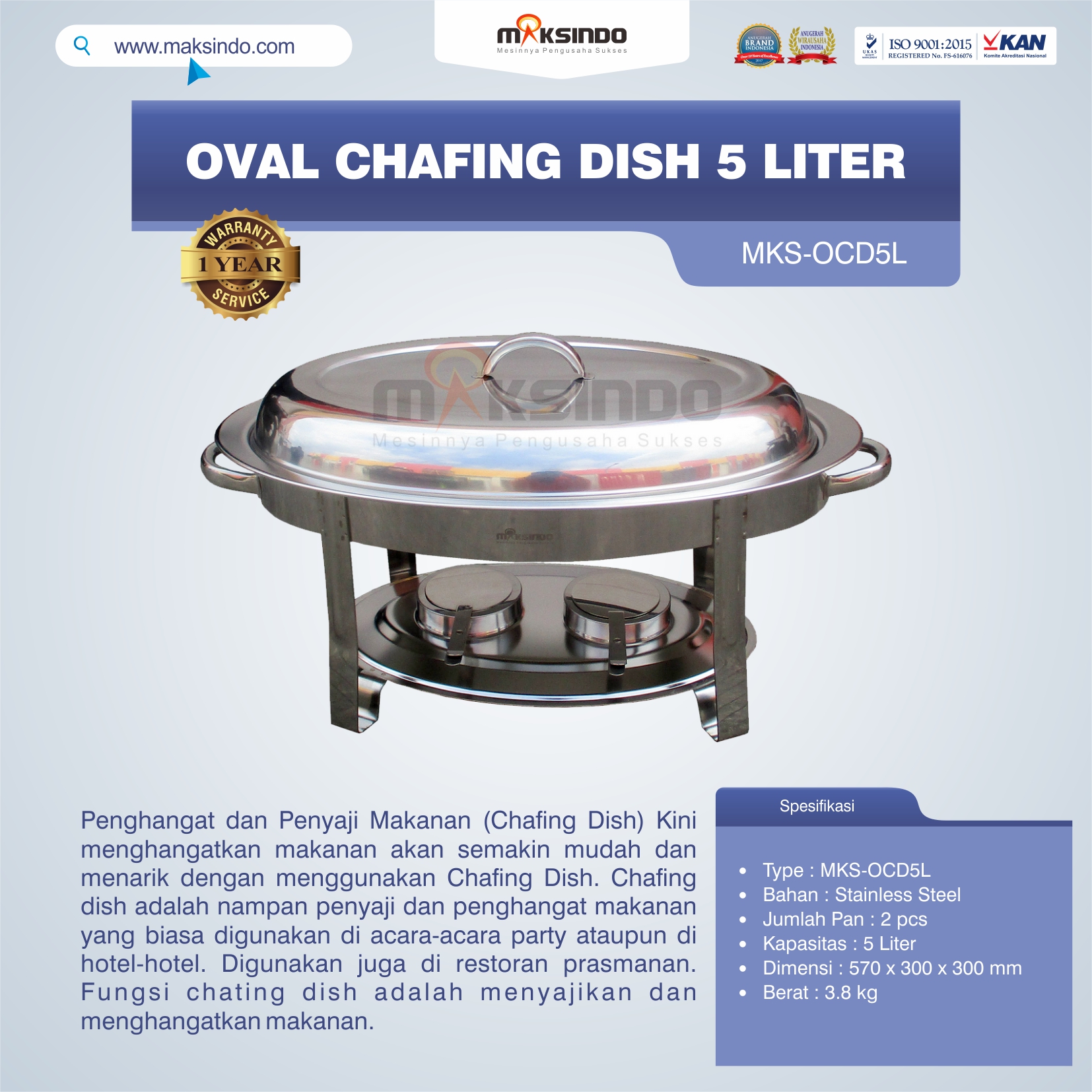 Jual Oval Chafing Dish 5 Liter di Palembang