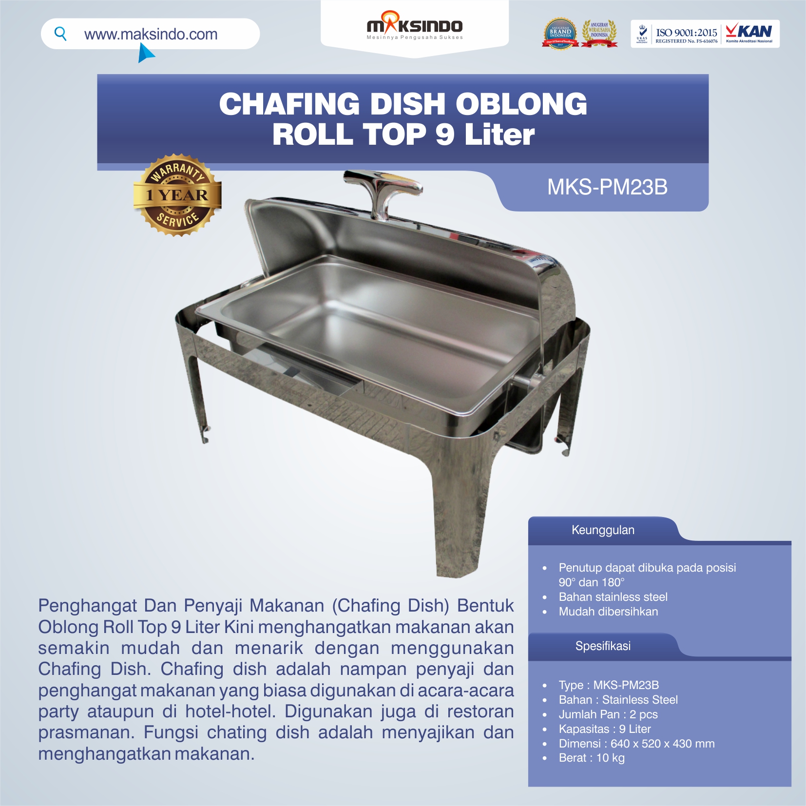 Jual Chafing Dish Oblong Roll Top – 9 Liter di Palembang