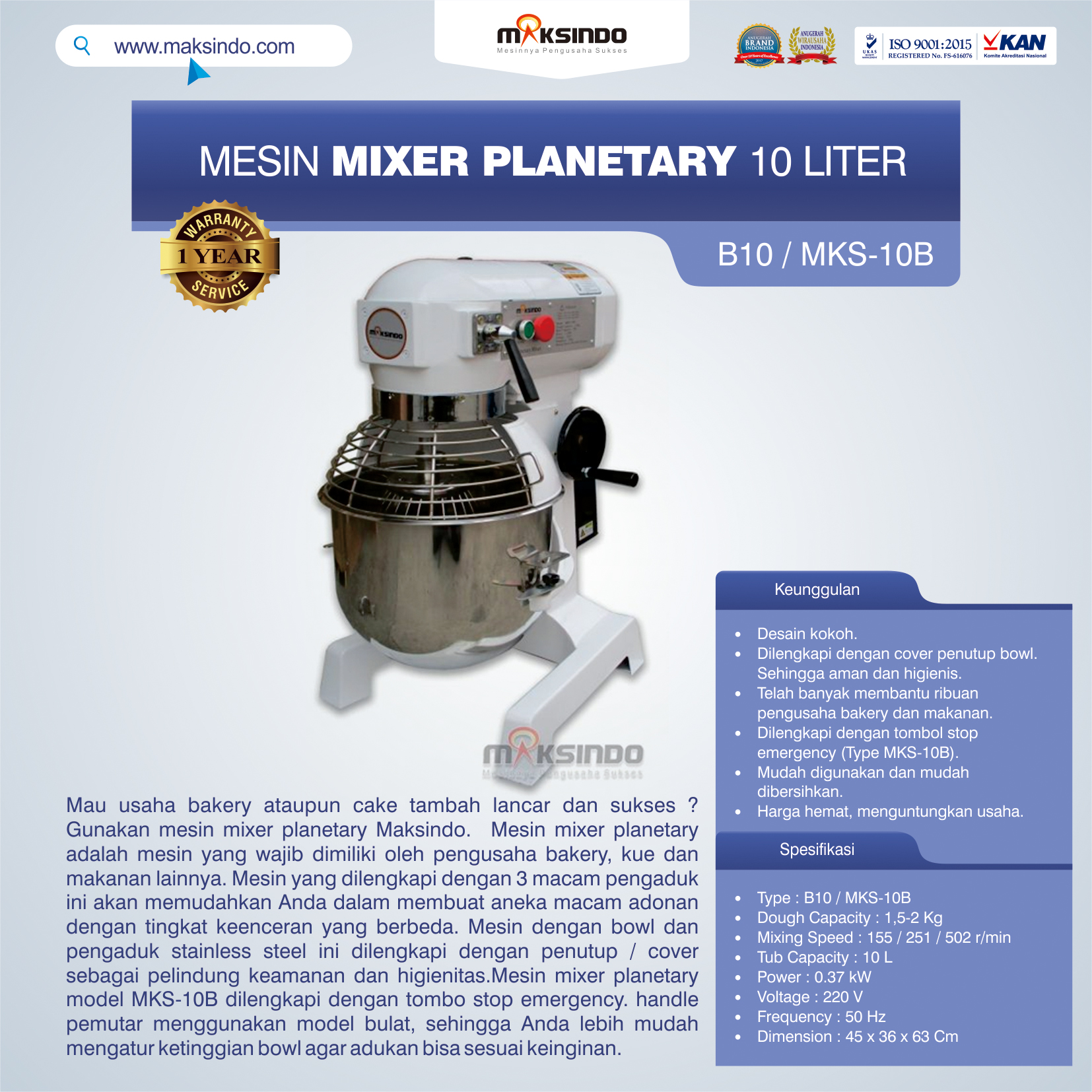Jual Mesin Mixer Planetary 10 Liter (MKS-10B) di Palembang