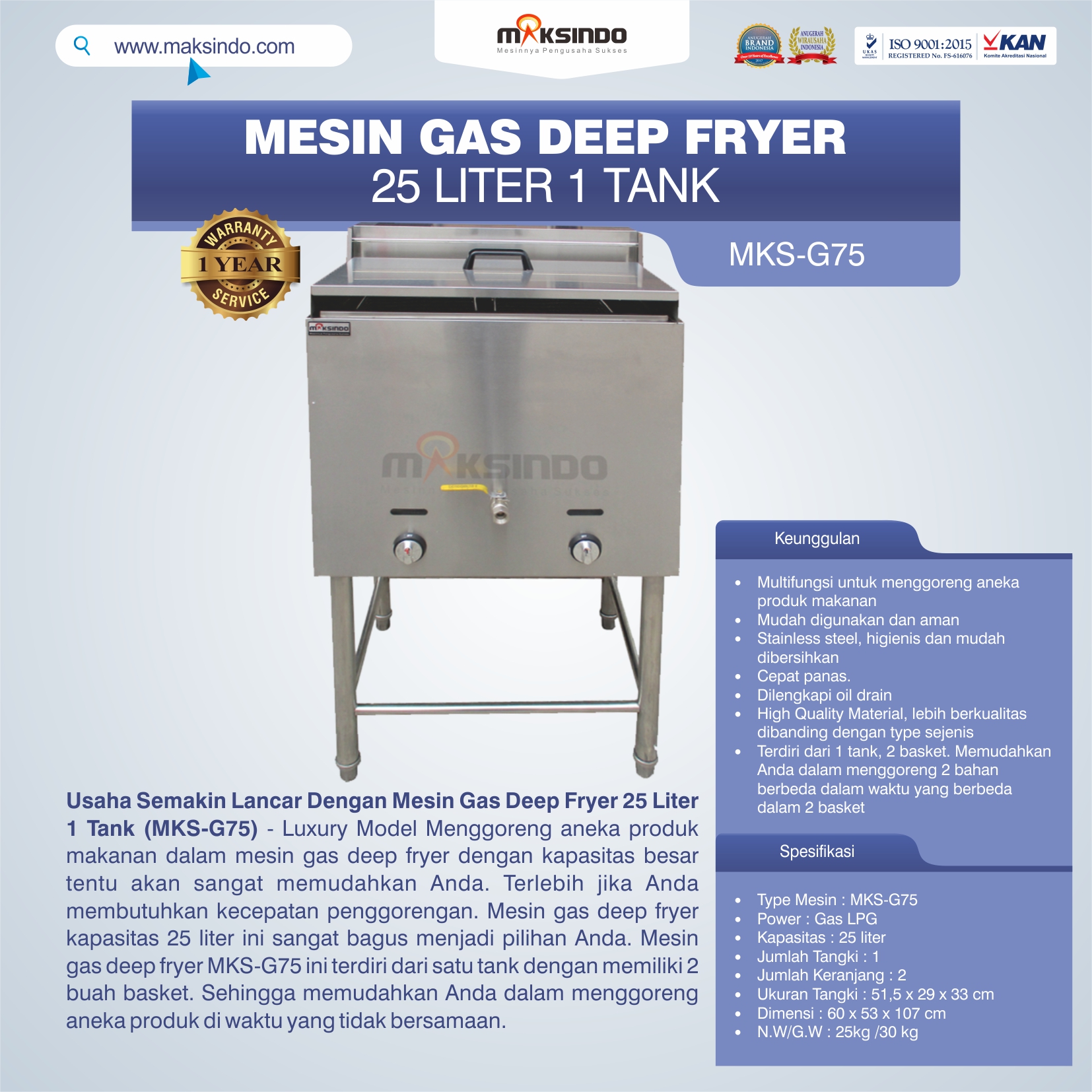 Jual Gas Deep Fryer 25 Liter 1 Tank (G75) Di Palembang